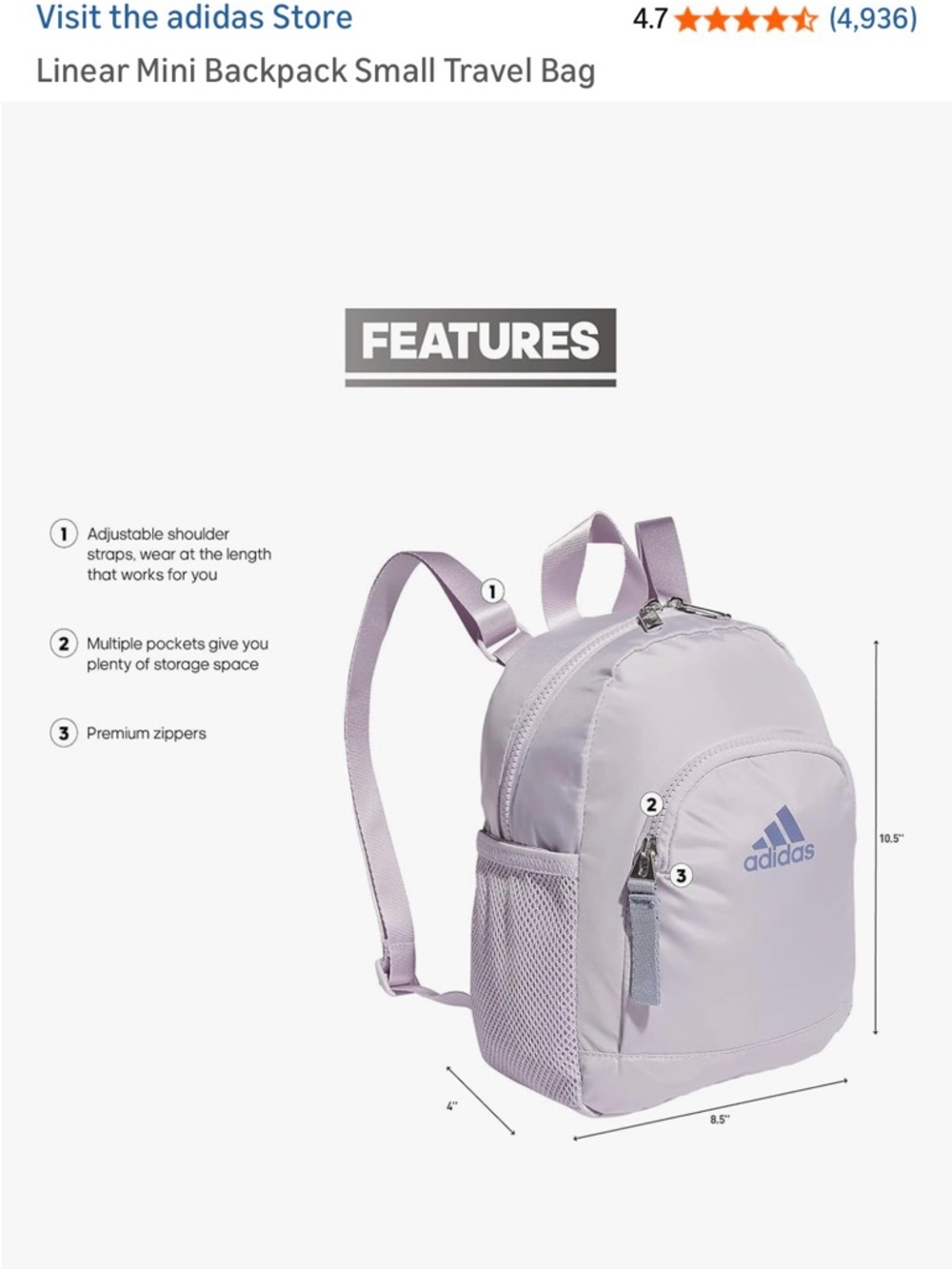 adidas Linear 3 Mini Backpack Small Lilac Purple NWT